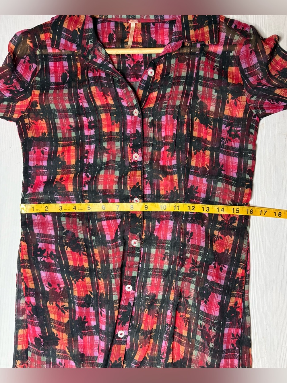 Free People Jerra Plaid Floral Maxi Shirt Dress Sheer Black Pink Orange XS Boho - Picture 9 of 9